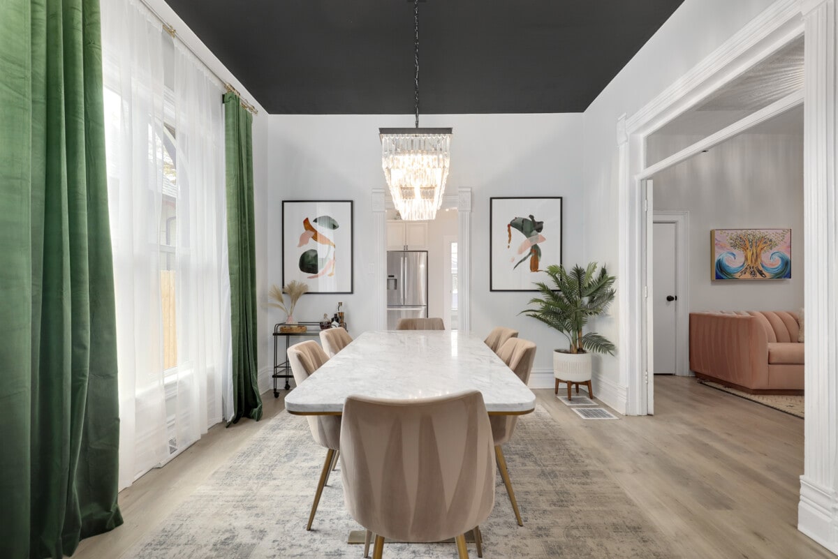 beautifully updated formal dining room with accent ceiling