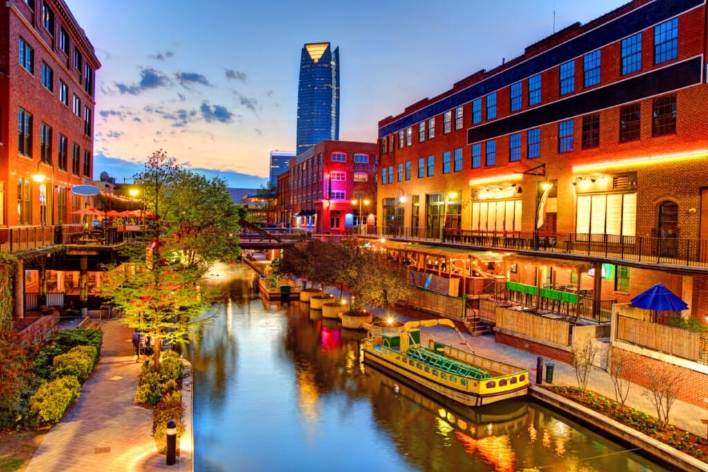 Evening view of the Bricktown Canal in downtown Oklahoma City.