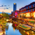 Evening view of the Bricktown Canal in downtown Oklahoma City.