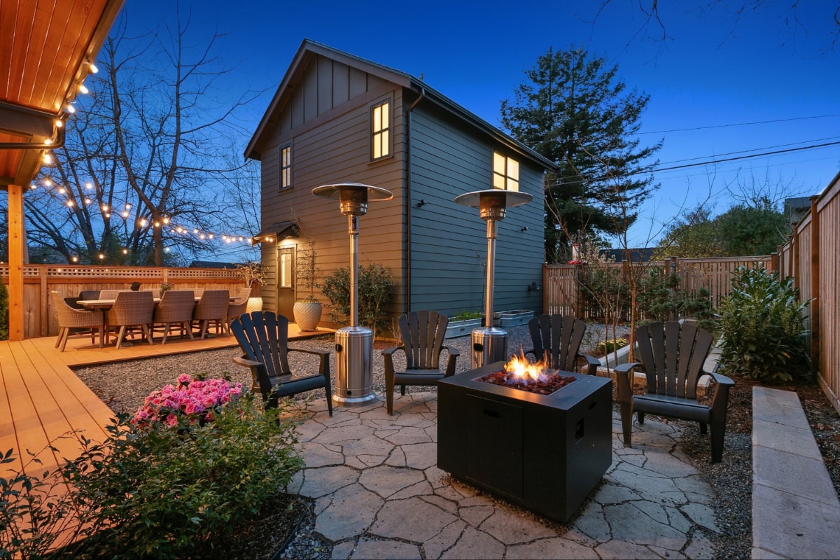 A firepit area at dusk