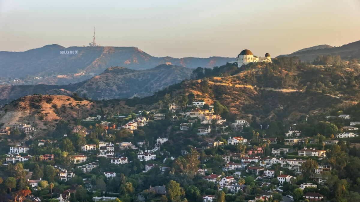 Aerial view of Griffith Observatory with the Hollywood Sign seen in the distance _ getty