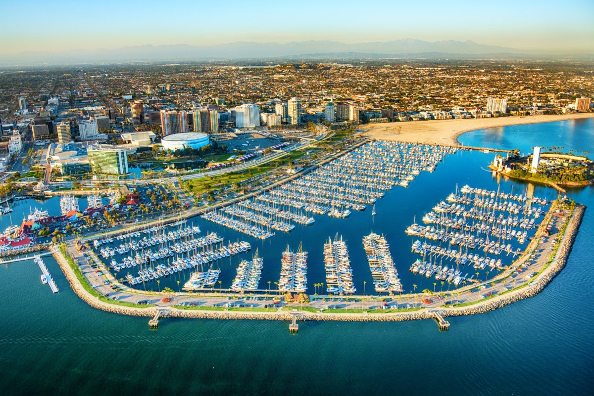 Aerial view of the Long Beach marina with adjacent to the buildings of downtown along the Pacific Ocean in Southern California. _ getty