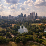 aerial view of Piedmont Park with Atlanta skyline