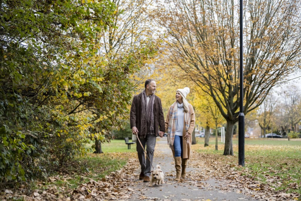 couple walking terrier on footpath in public park