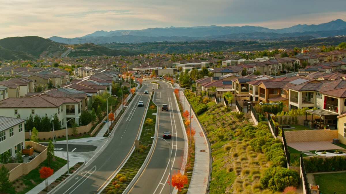 Drone Shot Along Skyline Ranch Road in Santa Clarita, California _ getty