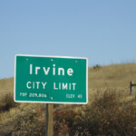 A road sign for Irvine city limit in Southern California.