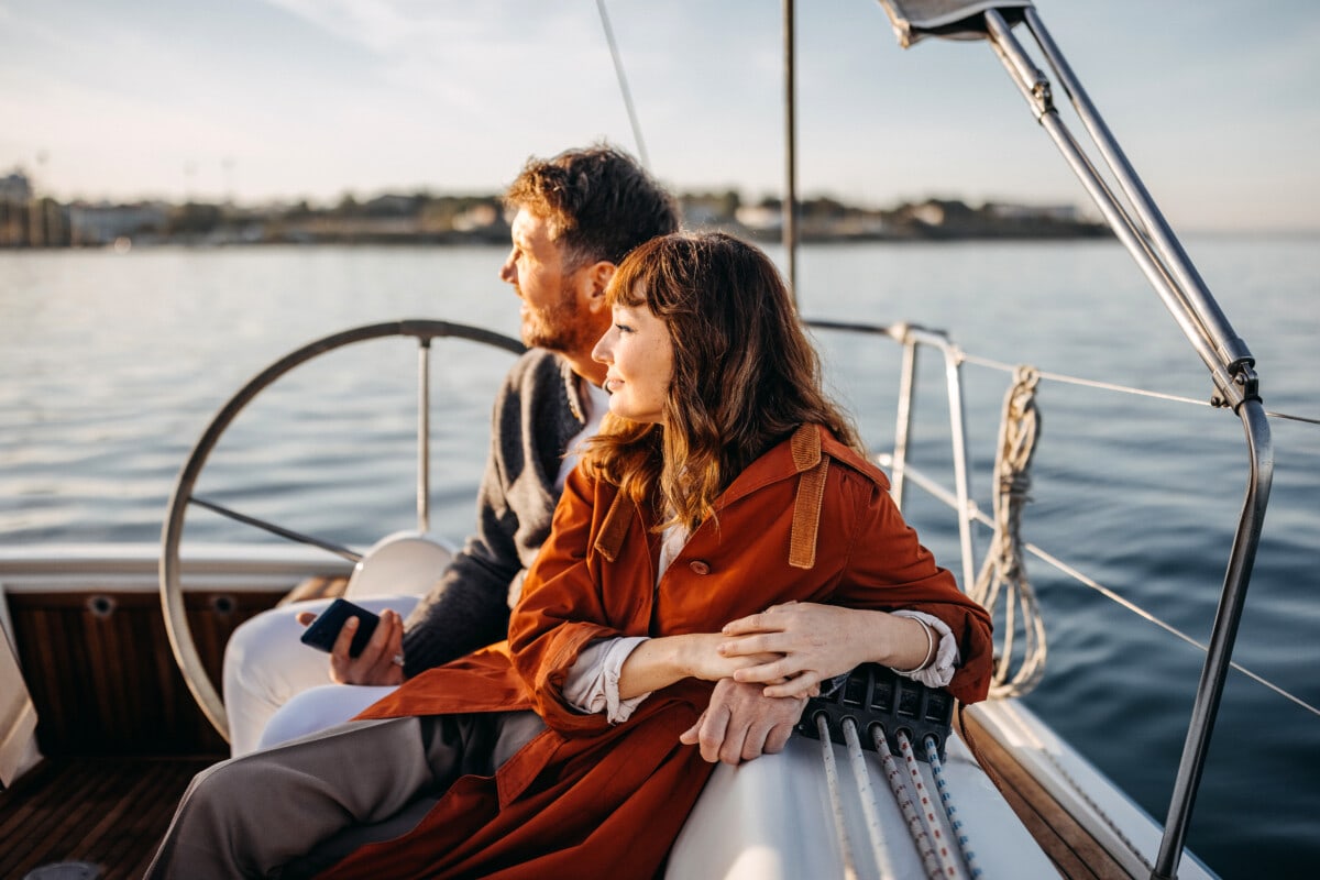 couple on a boat in the evening