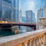 Riverbank and State Street Bridge of Chicago Downtown