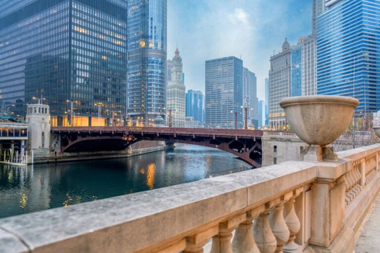 Riverbank and State Street Bridge of Chicago Downtown