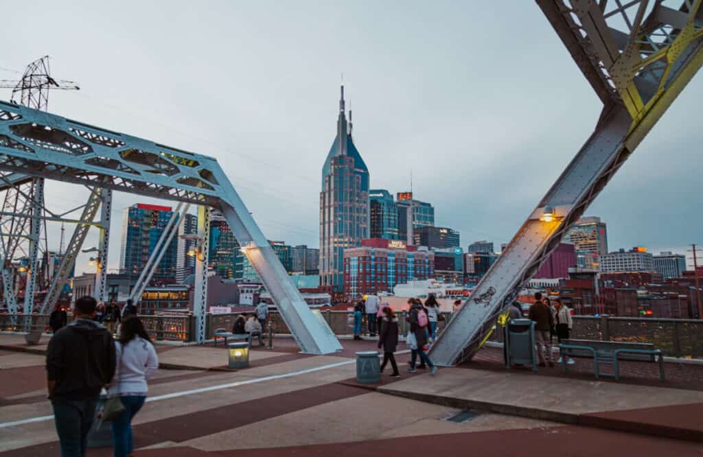 Nashville Scene with the John Seigenthaler Pedestrian Bridge. Outdoor shots of city scenes in Nashville, Tennessee during winter.
