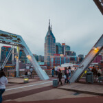 Nashville Scene with the John Seigenthaler Pedestrian Bridge. Outdoor shots of city scenes in Nashville, Tennessee during winter.
