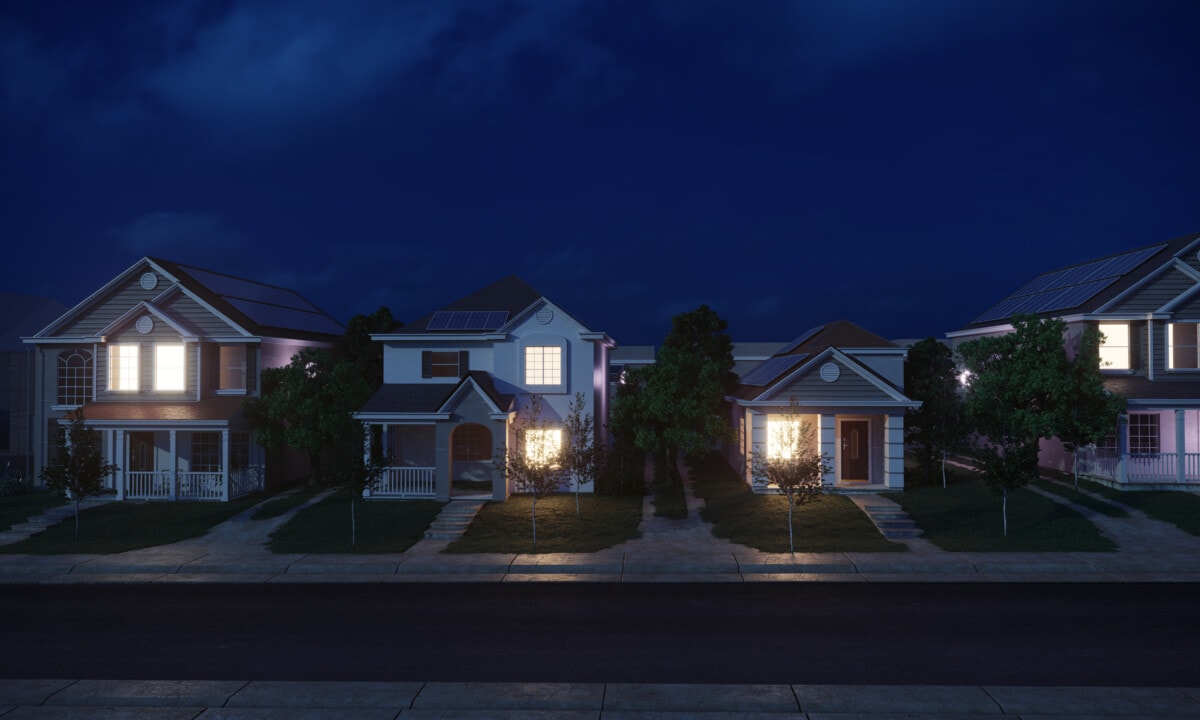 Dwelling exterior scene includes houses with solar panels, night scene 