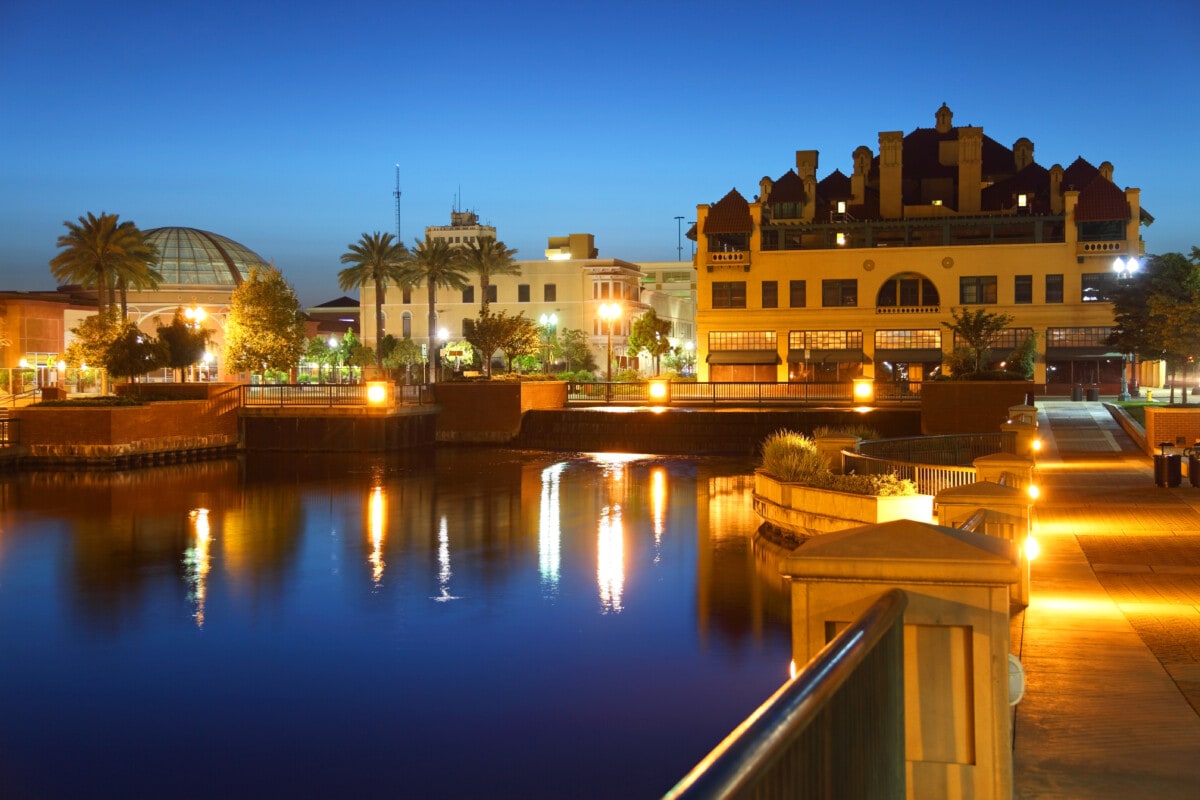 Stockton, California downtown skyline along the San Joaquin River. Stockton is a city in and the county seat of San Joaquin County, north−central California _ getty