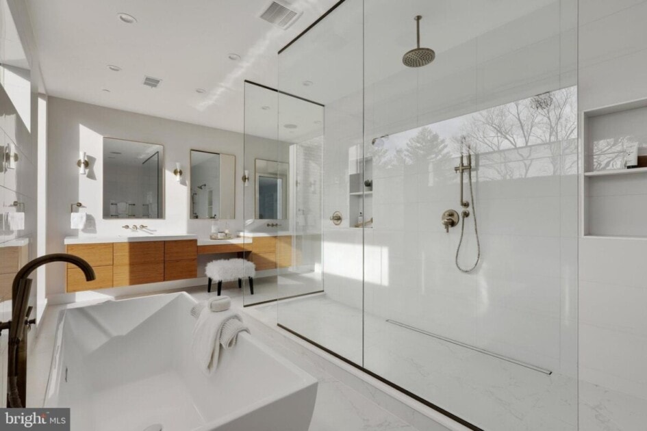 Spa-like bathroom with white granite