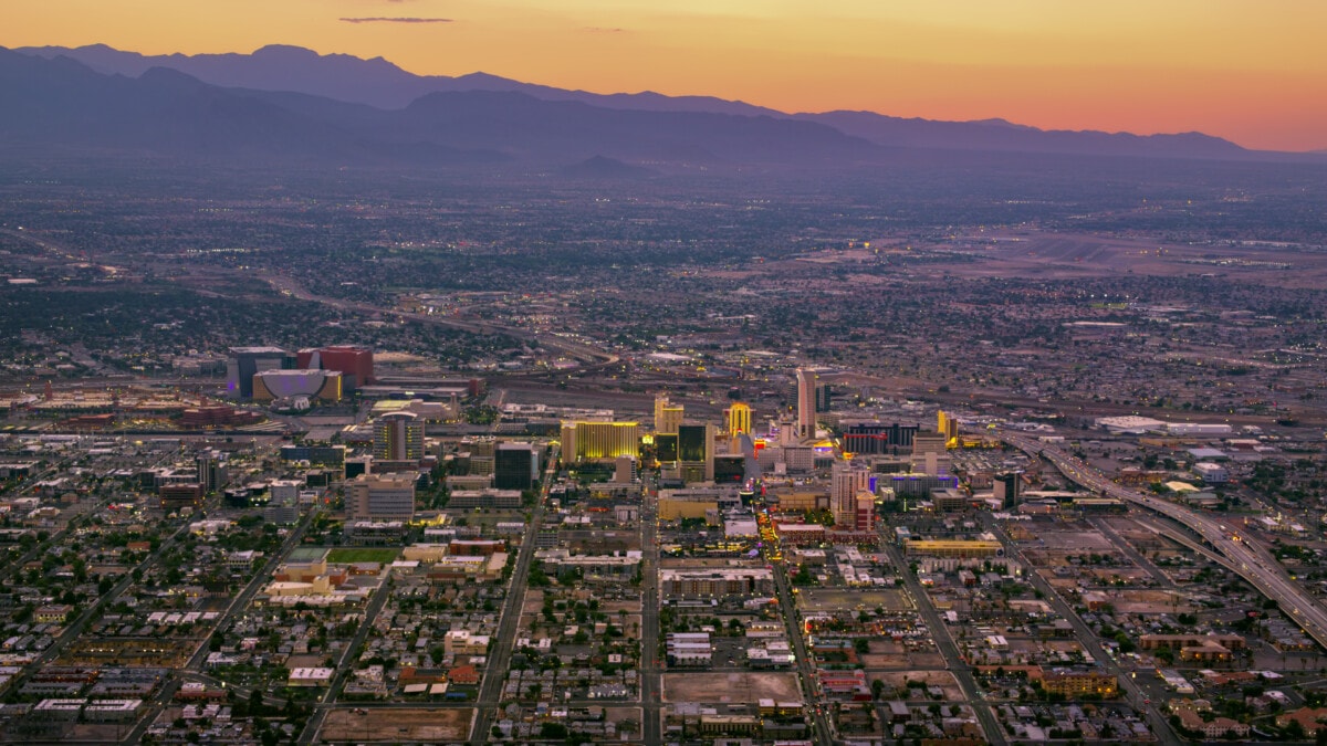 Aerial view of downtown city during dusk in Las Vegas, Nevada, USA.