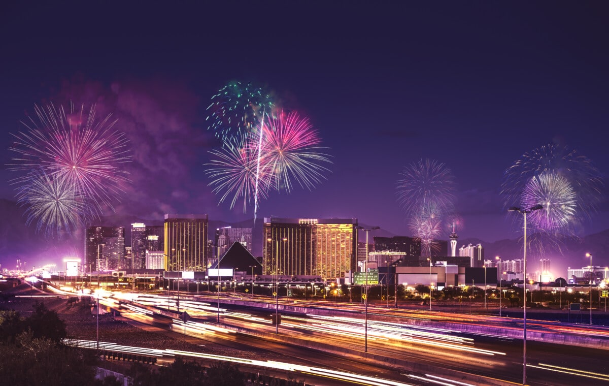 Las Vegas Strip with fireworks