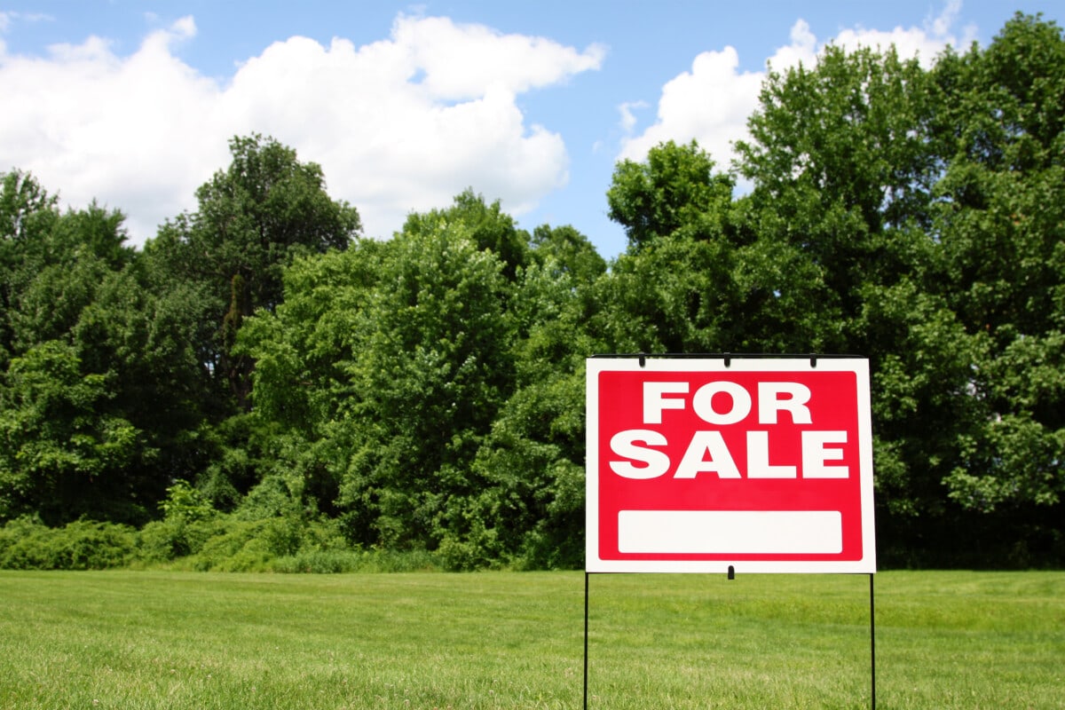 Land for Sale sign with trees in the background