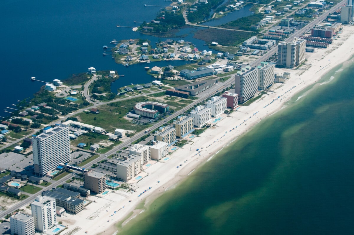 Aerial view of Gulf Coast Alabama hotels and condos_Getty