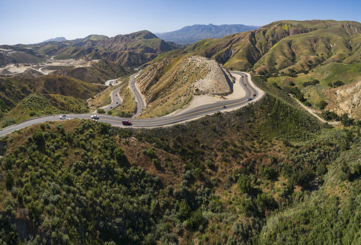 Aerial view of the mountain serpentine Grimes Canyon Road, Moorpark, California, USA