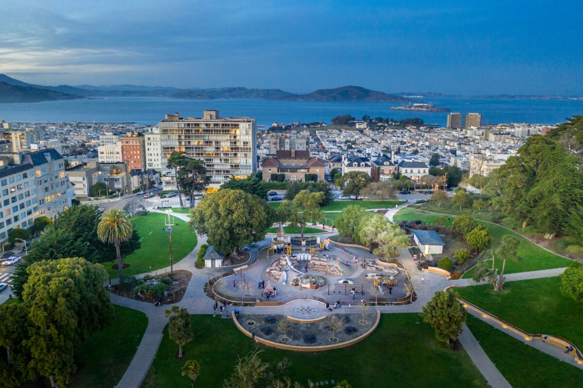 Aerial view above Lafayette Park in San Francisco at sunset. Looking out at the San Francisco Bay.