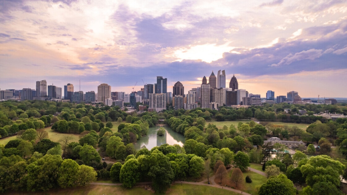 iconic view of Atlanta skyline over Piedmont Park