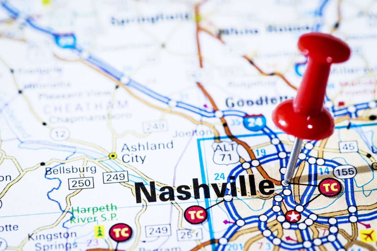 US capital cities on map series: Nashville, Tennessee, TN