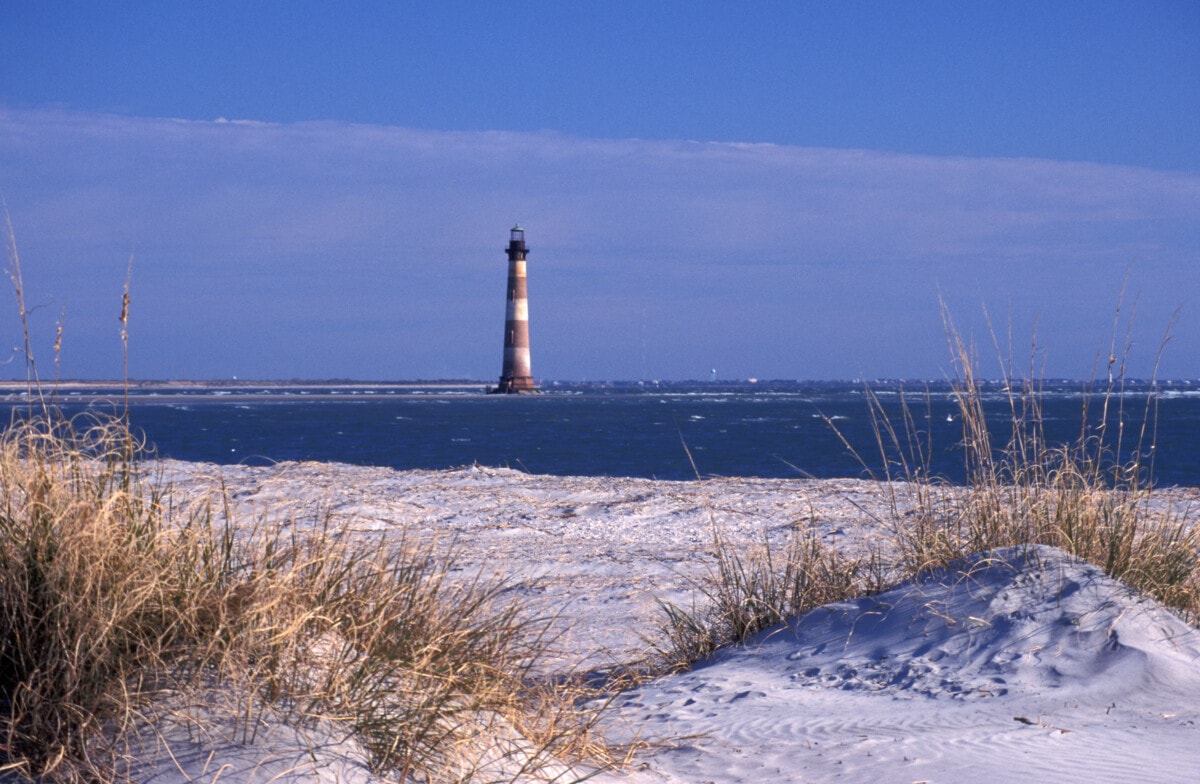 Historic Morris Island lighthouse on Folley Beach, Charleston, South Carolina.
