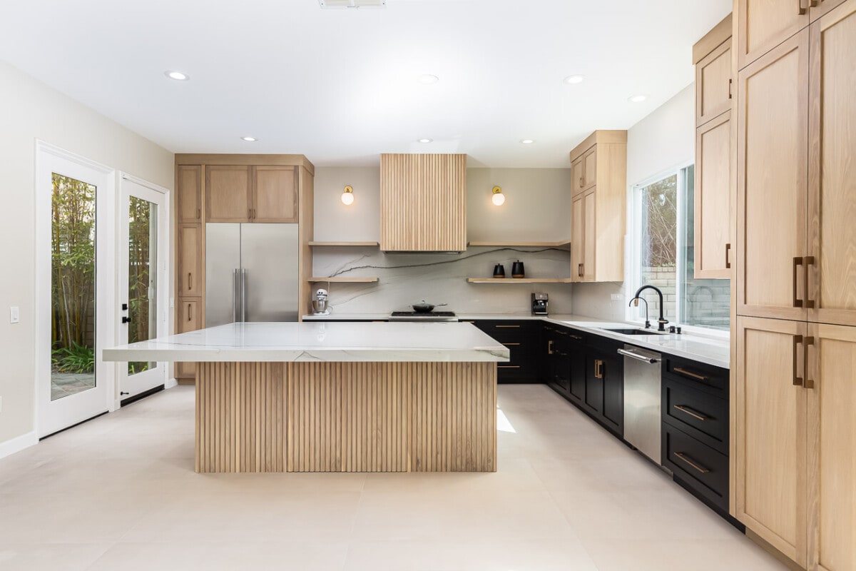 Interior kitchen with wood and black cabinetry