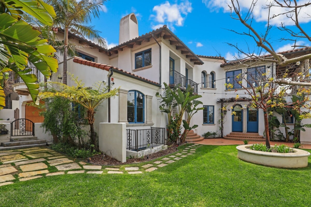 A lavish villa in California on a corner lot with Spanish accents.