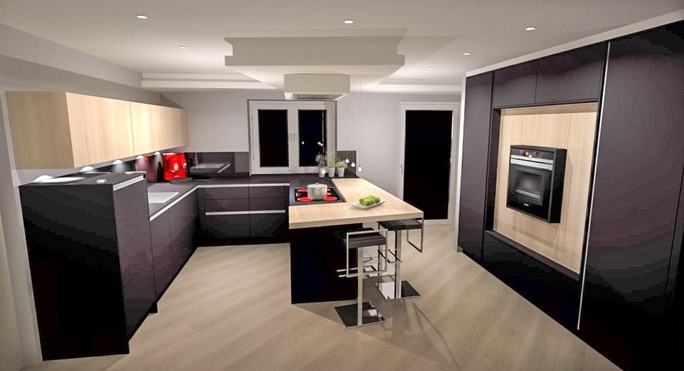 Angled view of a black and wood home kitchen