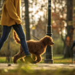 Low angle view of female animal trainer doing a training session of obedience with a red standard poodle in a public park.