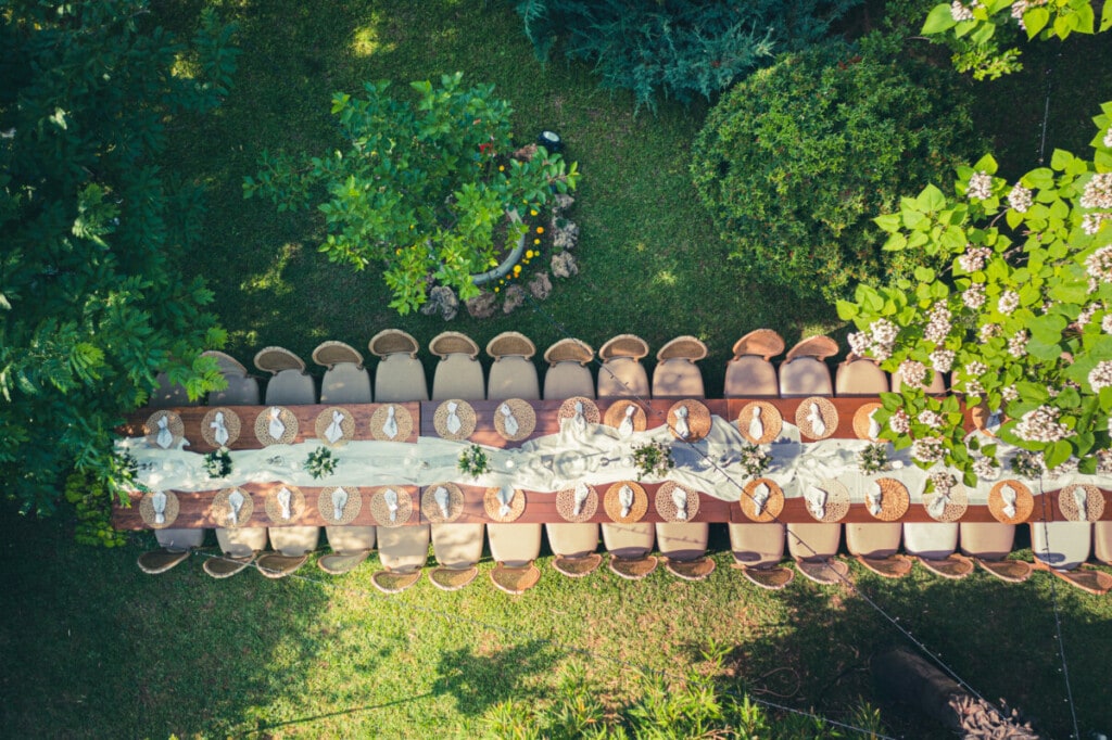 aerial shot of table at outside wedding