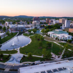High Angle View of Downtown Huntsville, Alabama at Sunset, Near the lakes of Big Spring Park between Madison Street and Monroe Street in Madison County