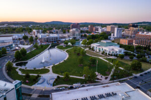 High Angle View of Downtown Huntsville, Alabama at Sunset, Near the lakes of Big Spring Park between Madison Street and Monroe Street in Madison County