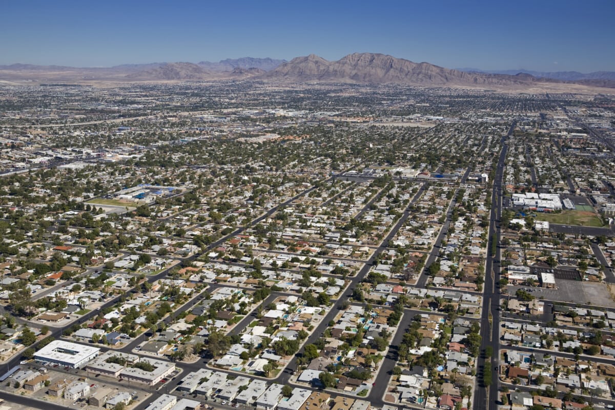 Residential suburban Neighborhood in Las Vegas Nevada heading east from Stratosphere tower