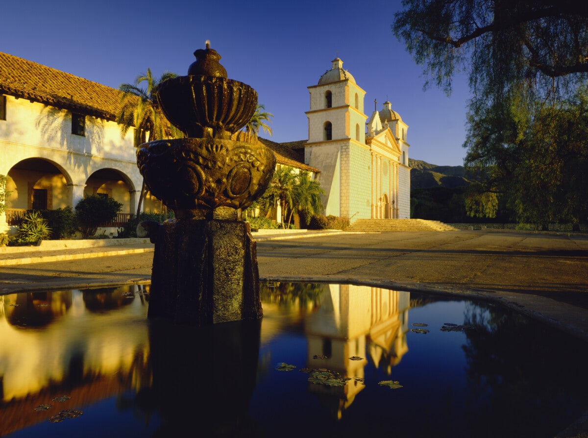 Fountain With Reflection Of Santa Barbara Mission