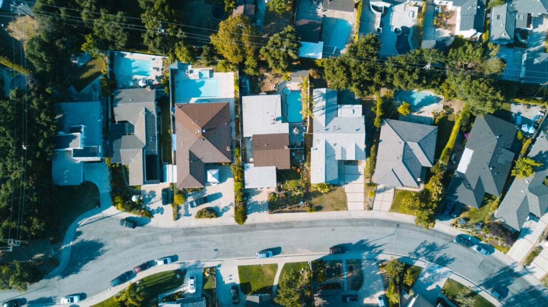 An aerial shot of a residential neighborhood