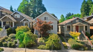 Row of homes with healthy shrubs