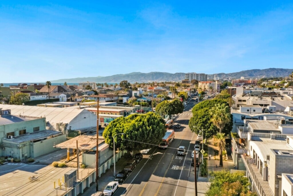 aerial view of town in California near the beach