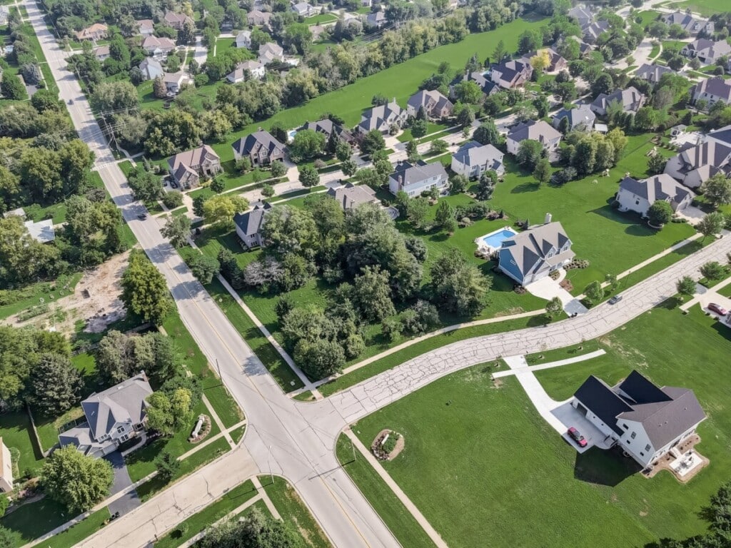 aerial view of neighborhood in small town