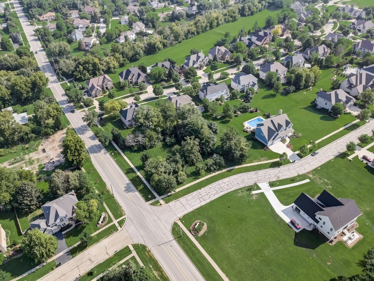 aerial view of neighborhood in small town