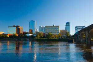 Little Rock downtown skyline, river, and bridge
