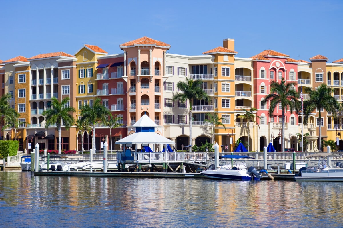 Colorful apartments and shops in downtown Naples, Florida, USA