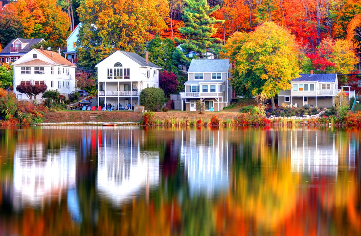 Boston houses on the lake in autumn