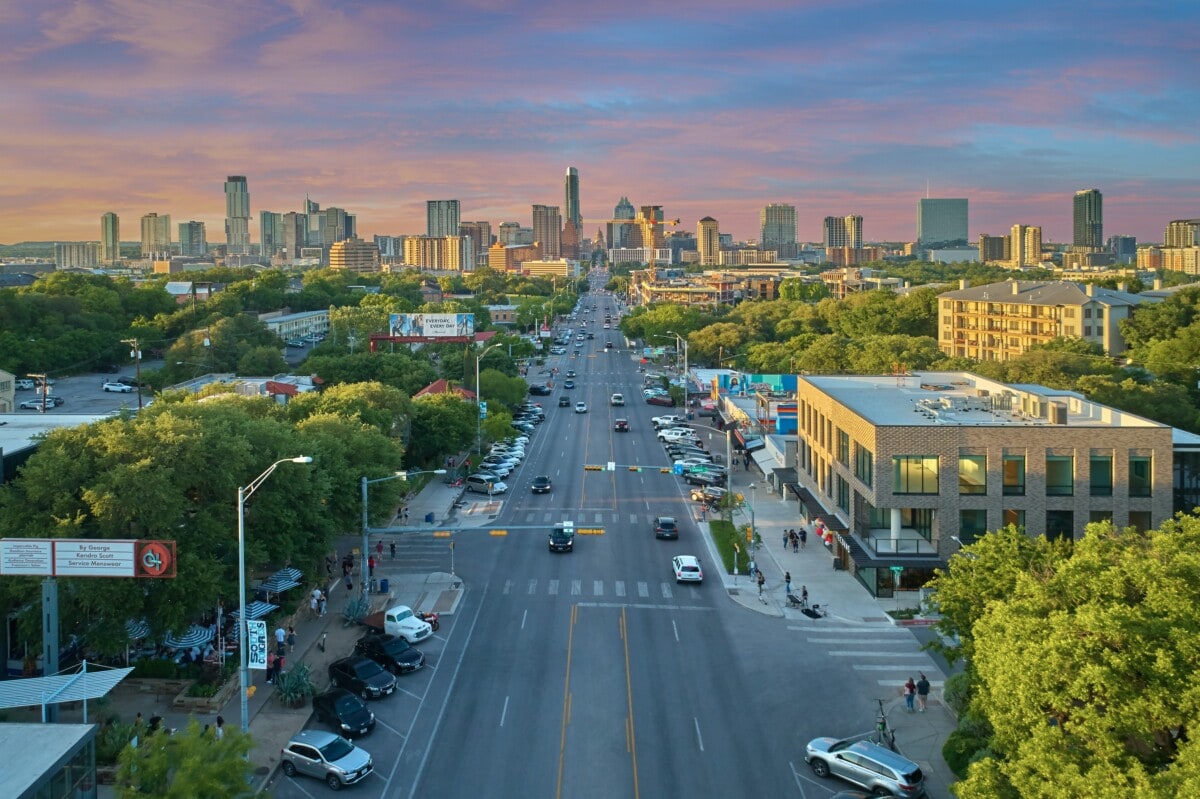 south congress street aerial view in Austin, Texas