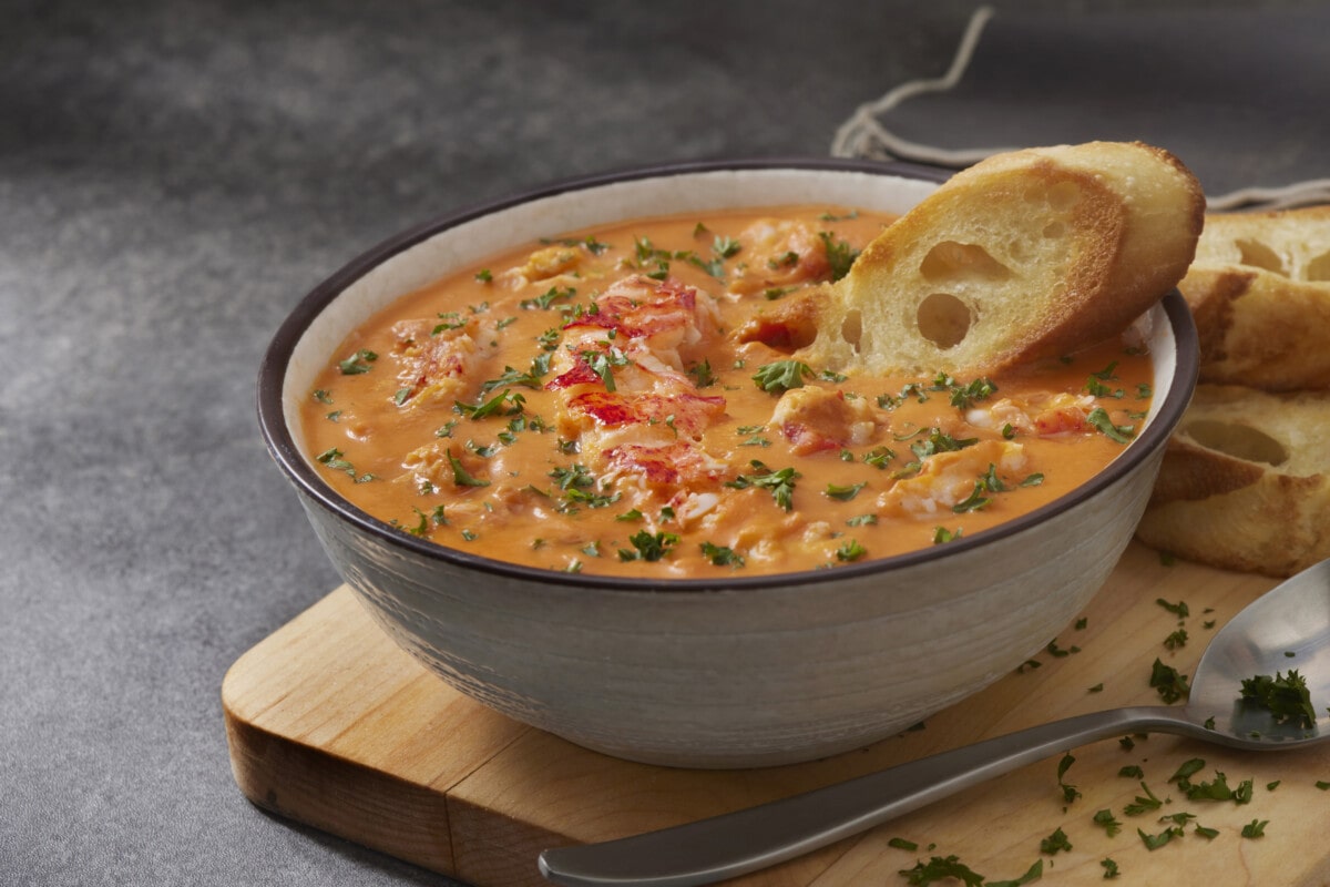 Lobster Bisque with Toasted Baguette Slices