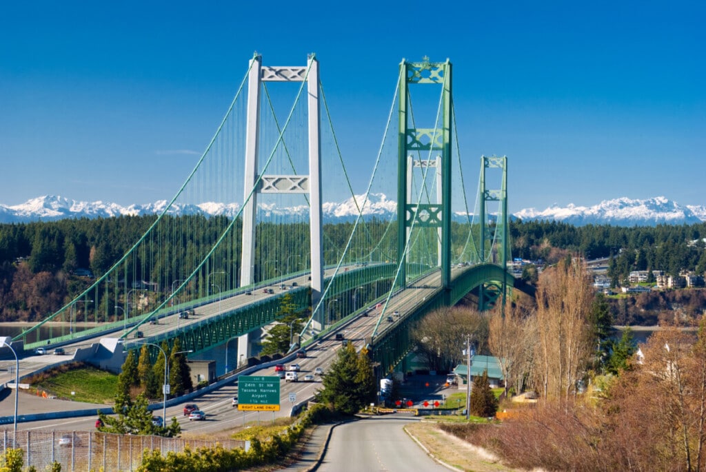 tacoma narrows bridge on a sunny day - Getty