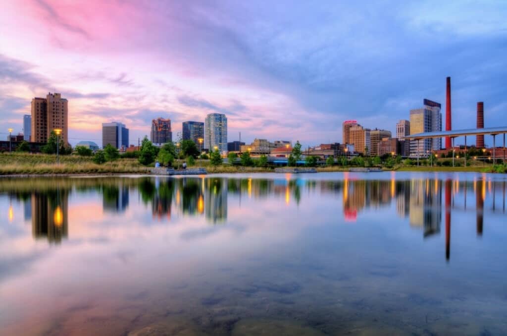 birmingham alabama skyline with purple and blue sky
