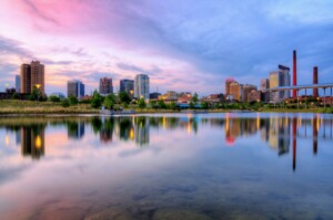 birmingham alabama skyline with purple and blue sky