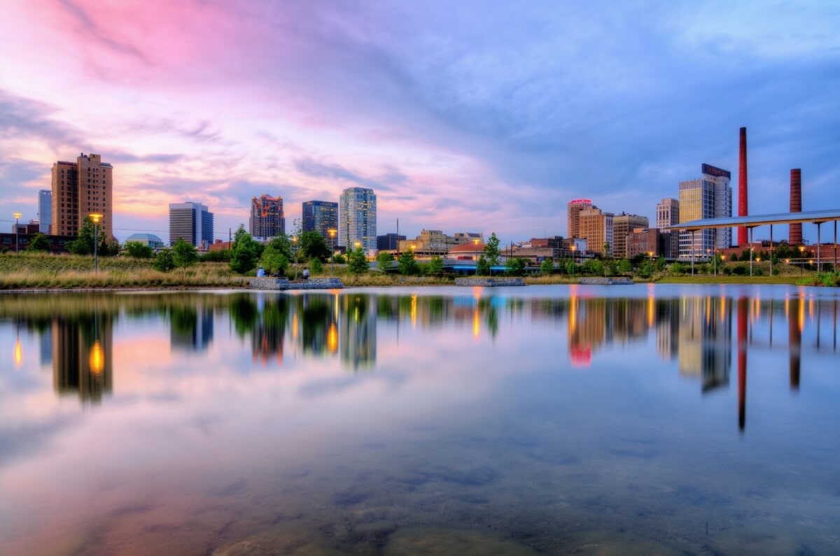 birmingham alabama skyline with purple and blue sky